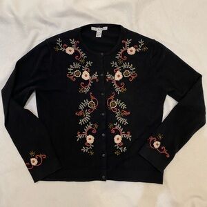 Cabi Black Floral Embroidered Cardigan Sweater Beaded Embellished L Academia